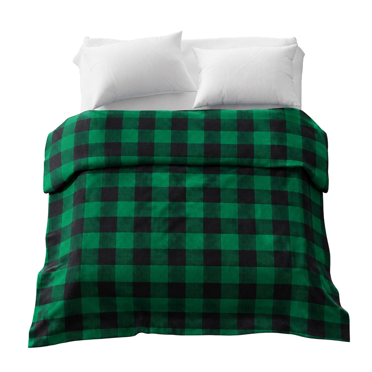 Flanellbezug in Grün Kariert auf einem Doppelbett mit zwei weißen Kissen
