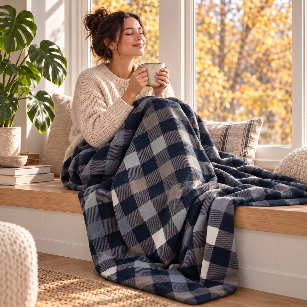 Frau entspannt am Fensterplatz, eingehüllt in die Therapiedecke mit Flanellbezug in Grau Kariert