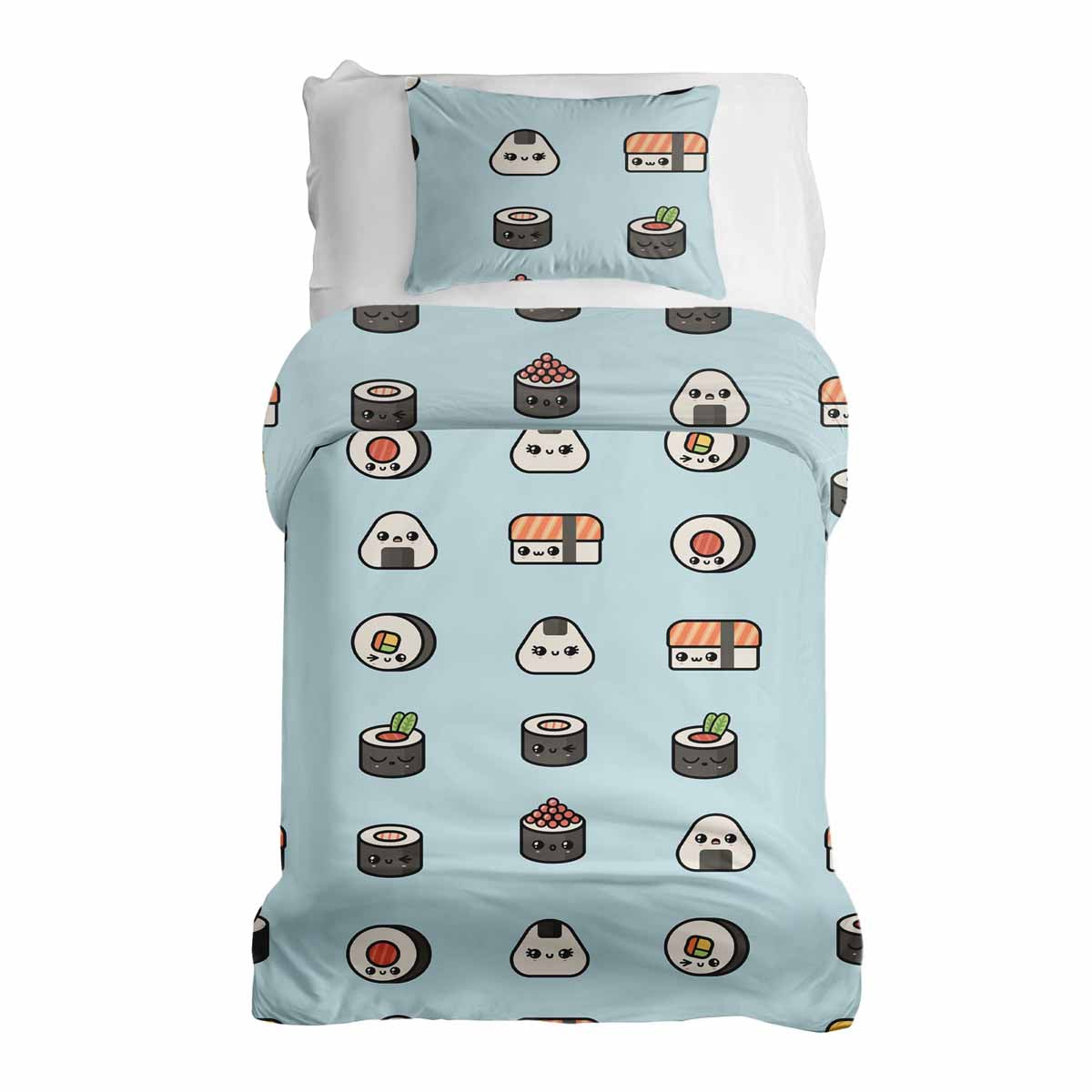 Ensemble de literie avec couverture thérapeutique bleu clair avec sushi