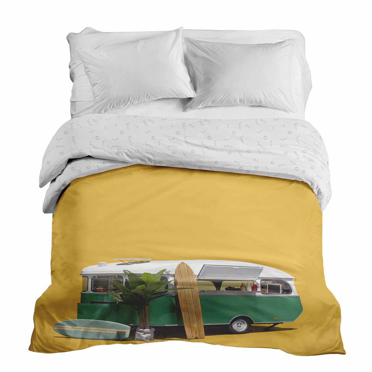 Couverture thérapeutique originale - Housse en coton jaune avec bus