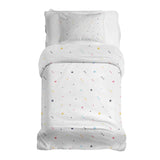 Therapy blanket and bedding set, white with colorful shapes.