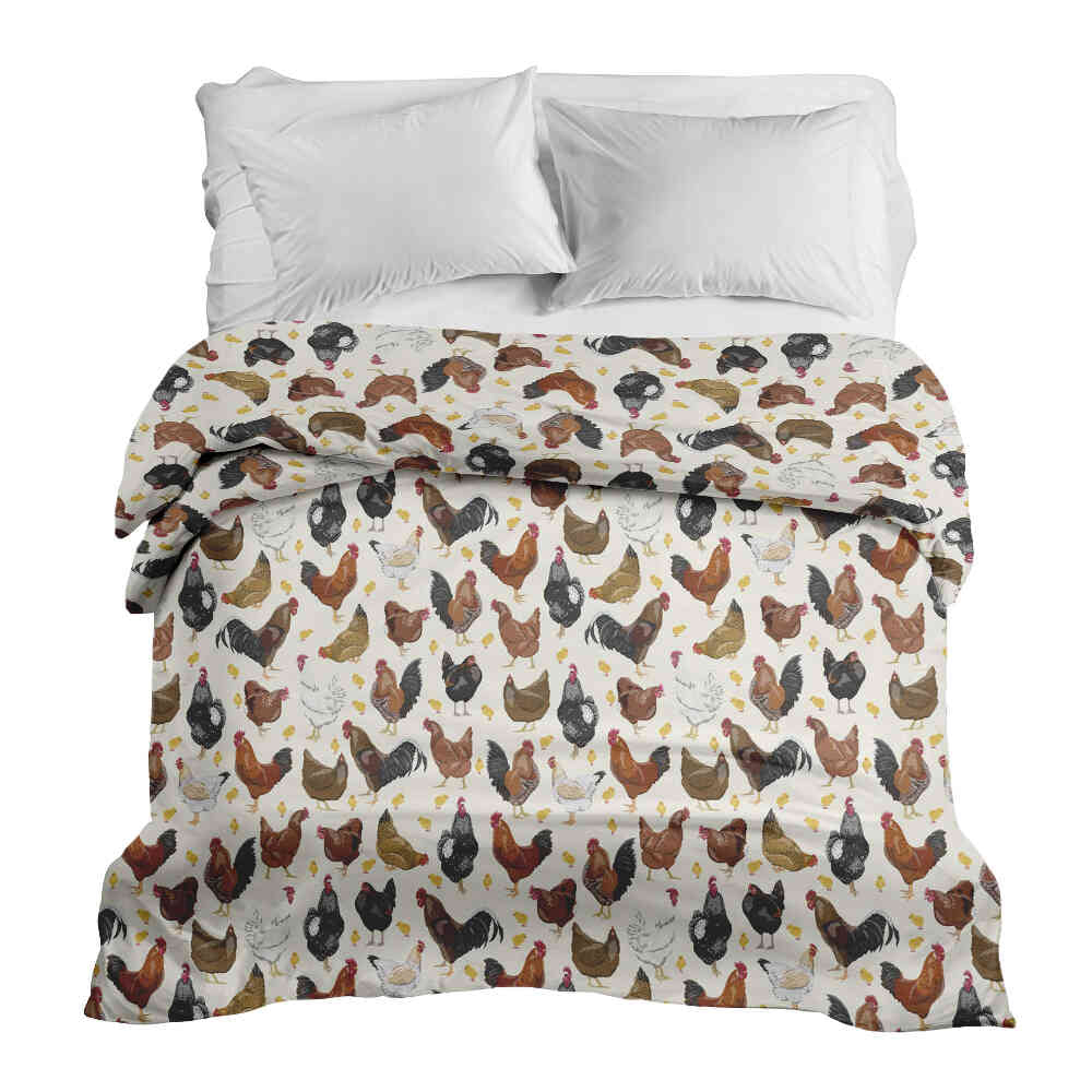 Couverture thérapeutique originale - Housse en coton blanc avec beaucoup de poulets
