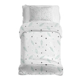 Therapy blanket bedding set, white with feathers and dots.