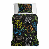 Therapy blanket bedding set, black, with game consoles.