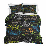 Therapy blanket bedding set, black, with game consoles.