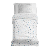 Therapy blanket and bedding set, white with small blue shapes.