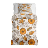 Therapy blanket bedding set, white with leaf and pumpkin pattern.