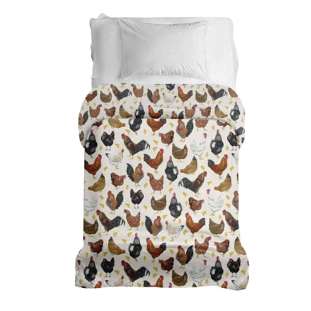 Couverture thérapeutique originale - Housse en coton blanc avec beaucoup de poulets