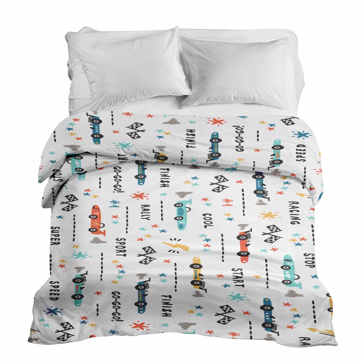 Couverture thérapeutique originale - Housse en coton blanc avec voitures de course