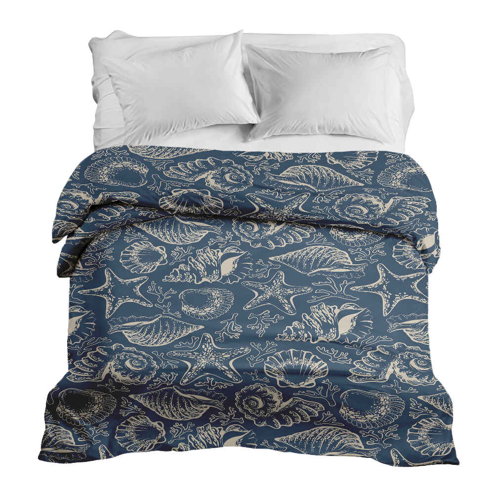 Couverture thérapeutique originale - Housse en coton bleue avec coquillages