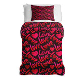 Therapy blanket and bedding set, black with "Love" lettering.