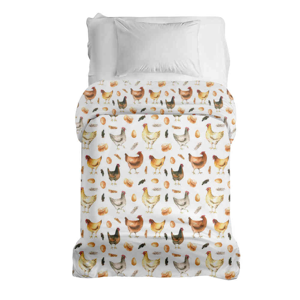 Couverture thérapeutique originale - Housse en coton blanche avec poules