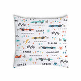 White health pillow with racing cars
