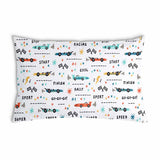 White health pillow with racing cars