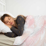 Therapy blanket bedding set, white with pink feathers.