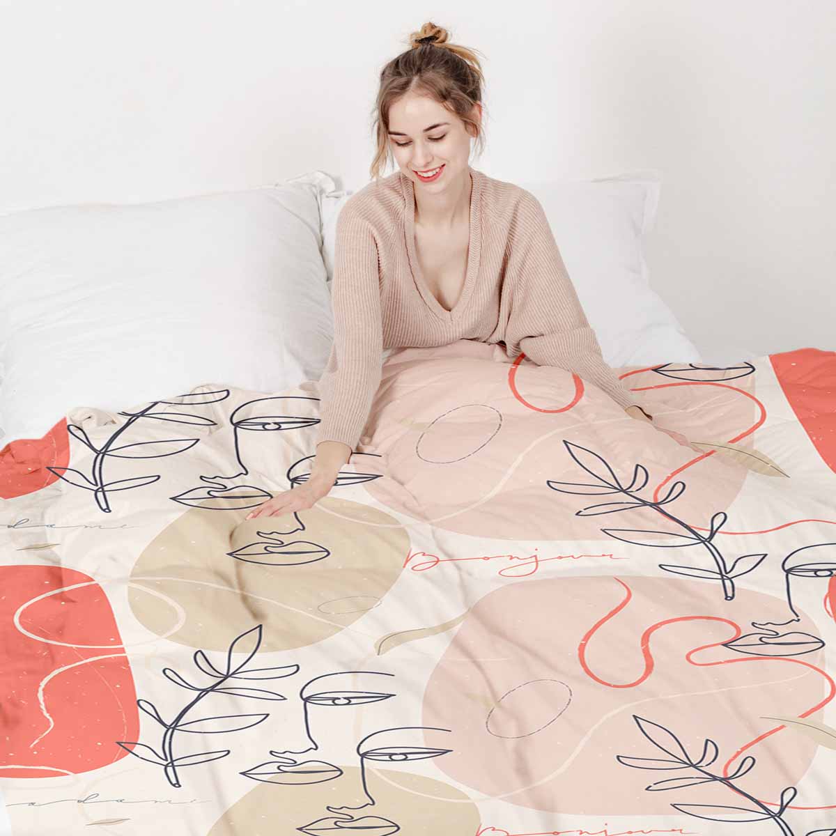 Couverture thérapeutique originale - Housse en coton beige avec visage abstrait