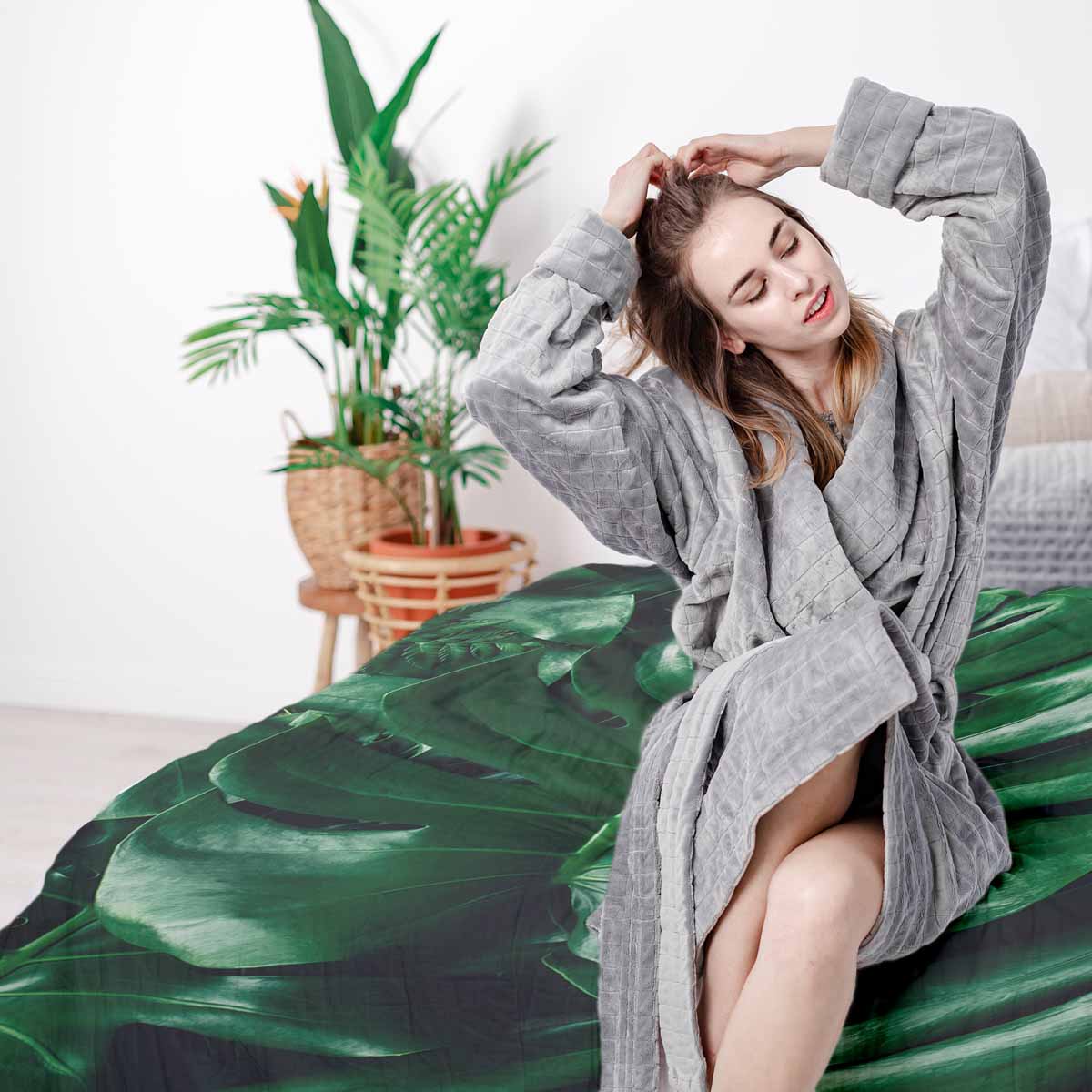 Therapy blankets bedding set with Monstera plant