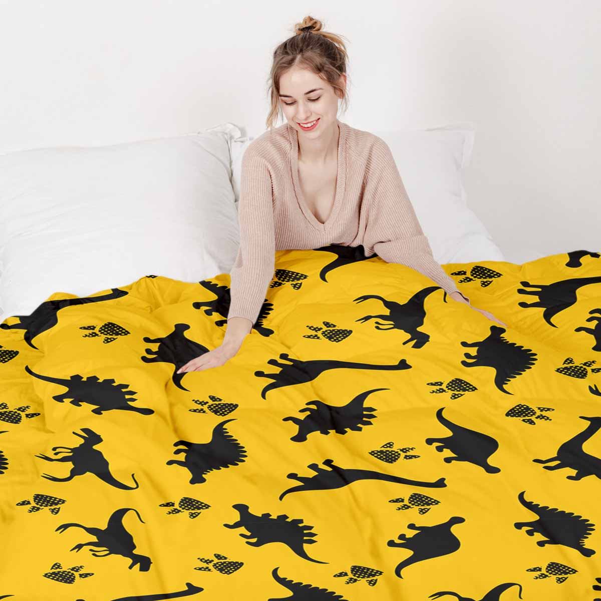 Ensemble de linge de lit avec couverture thérapeutique jaune avec dinosaures