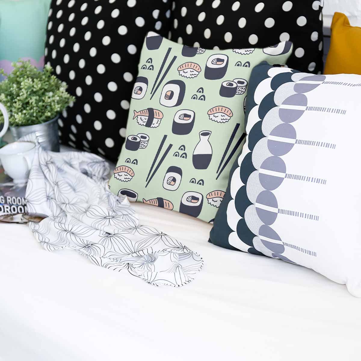 Coussin de santé vert clair avec sushi