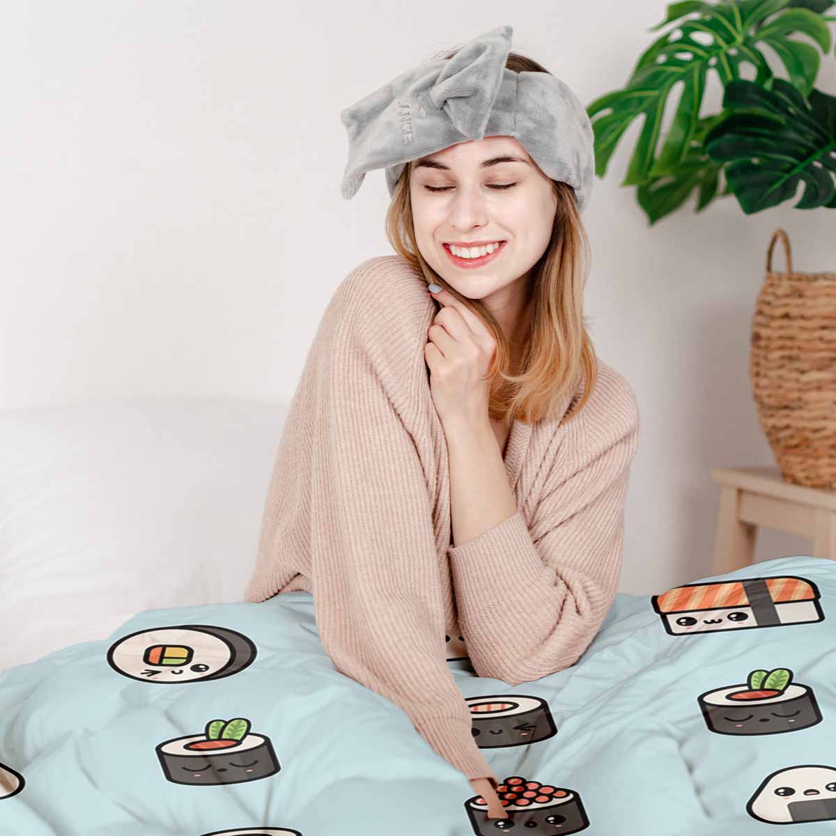 Ensemble de literie avec couverture thérapeutique bleu clair avec sushi