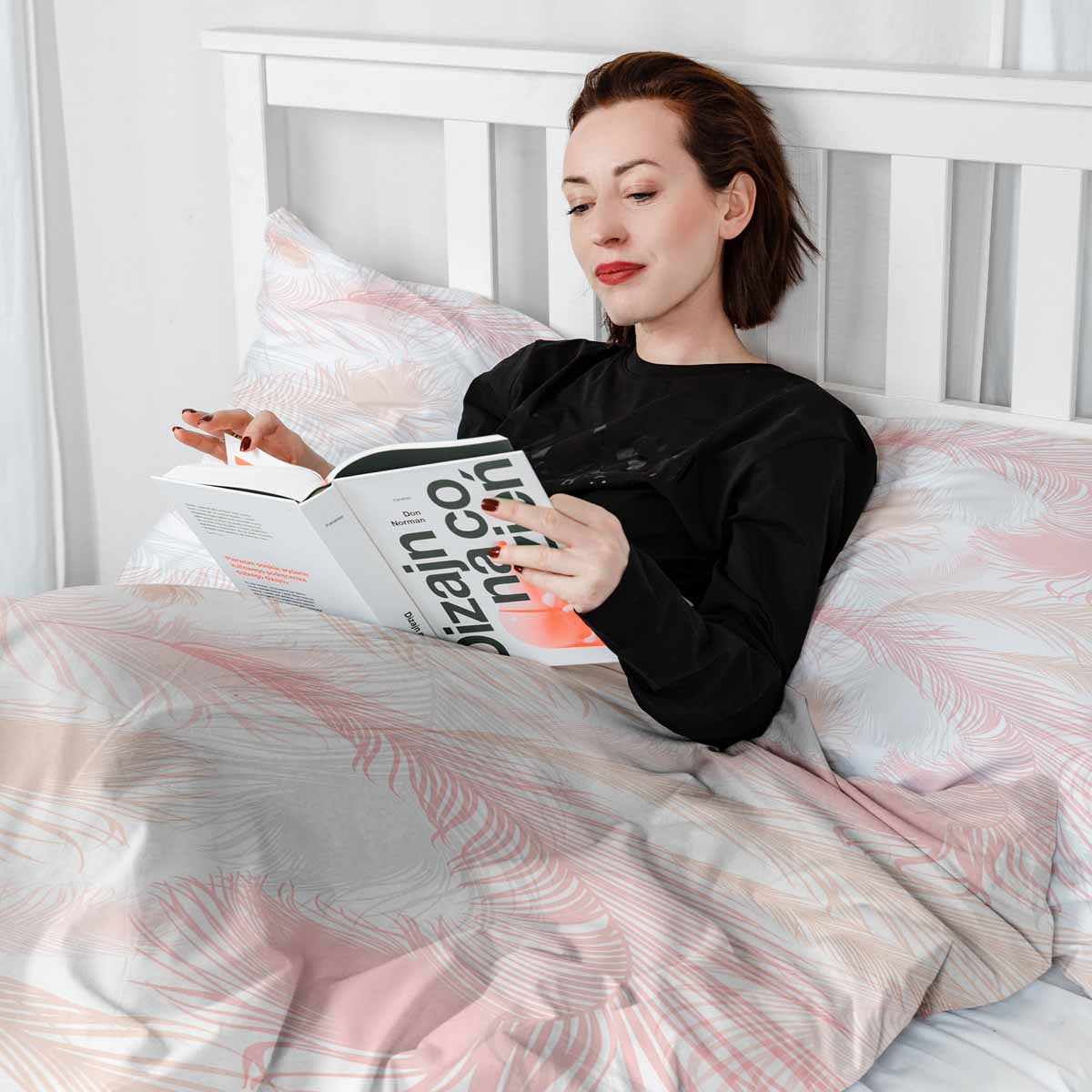 Couverture thérapeutique originale - Housse en coton blanc avec plumes roses