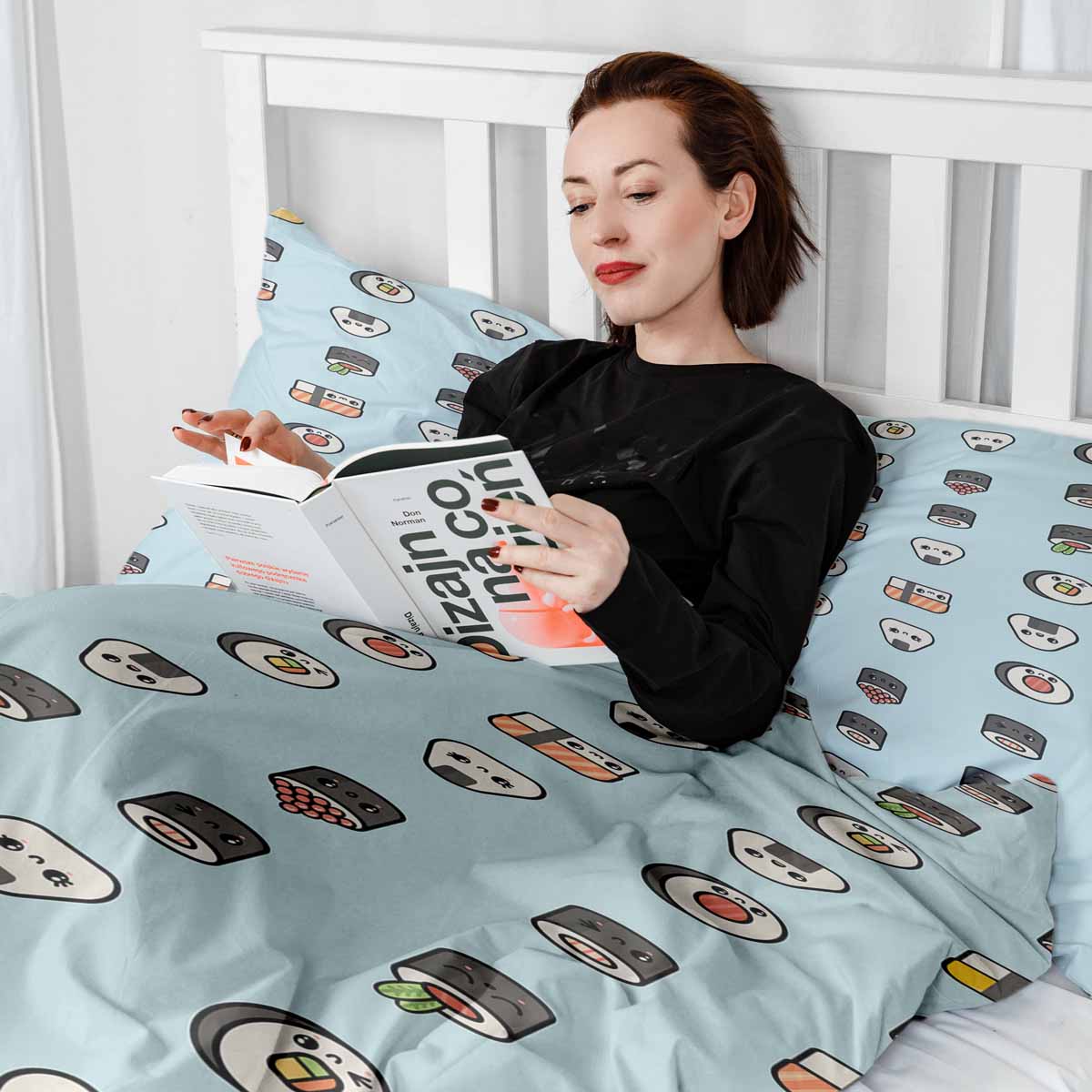 Ensemble de literie avec couverture thérapeutique bleu clair avec sushi