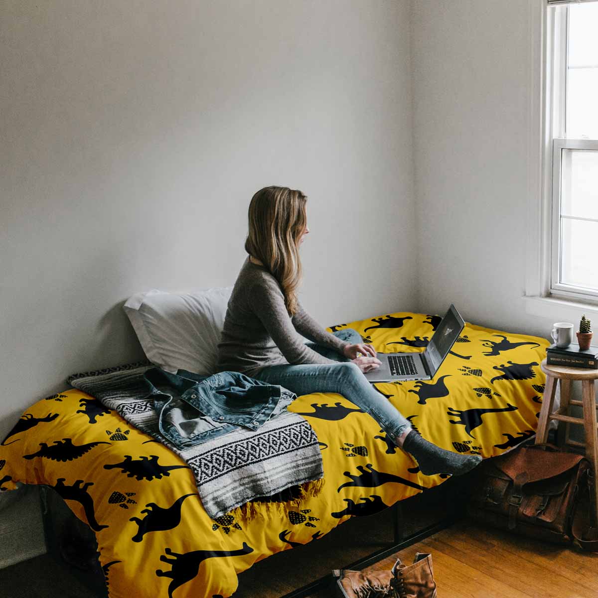 Ensemble de linge de lit avec couverture thérapeutique jaune avec dinosaures