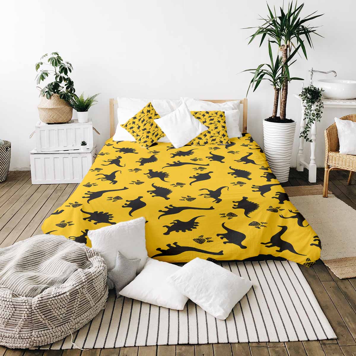 Ensemble de linge de lit avec couverture thérapeutique jaune avec dinosaures