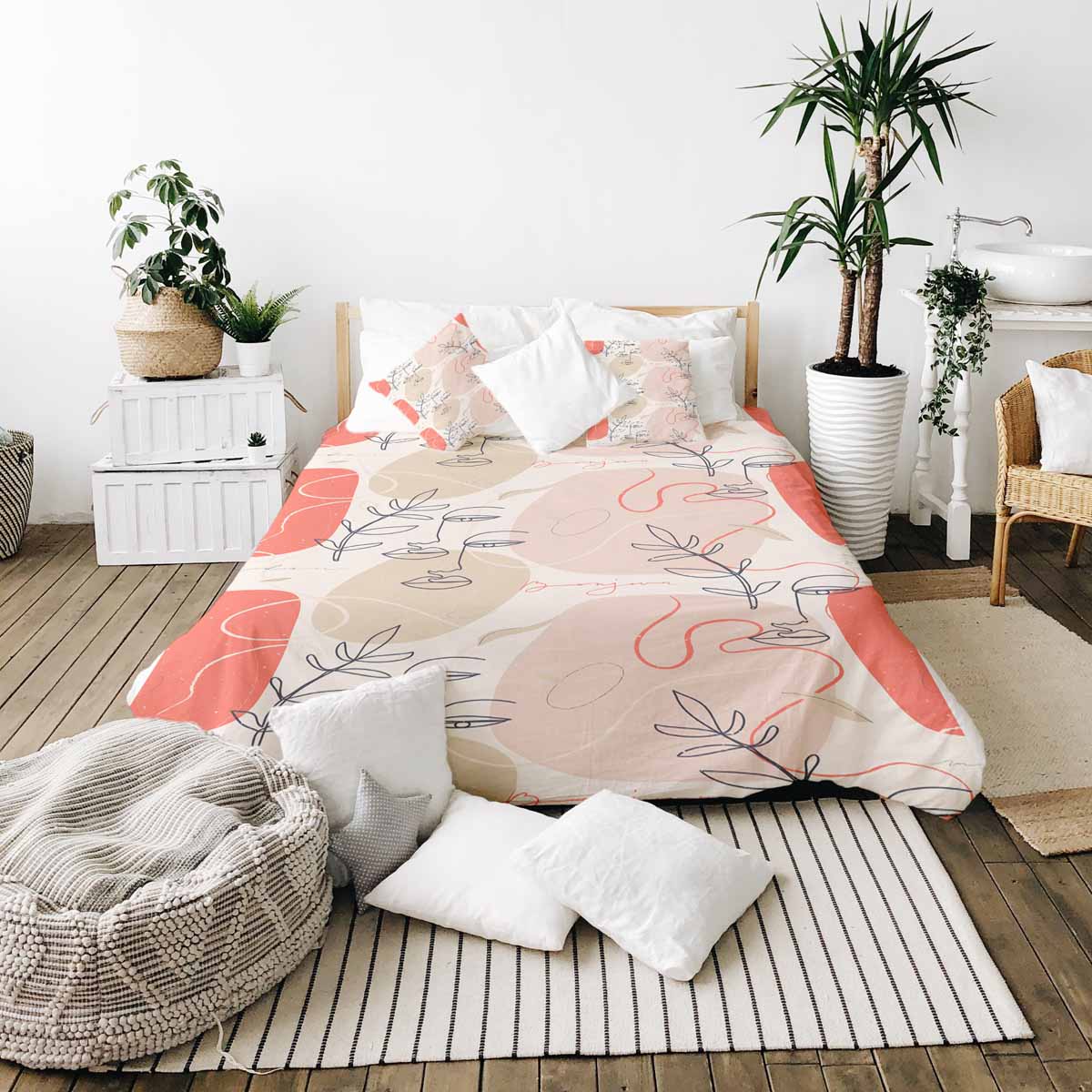 Couverture thérapeutique originale - Housse en coton beige avec visage abstrait
