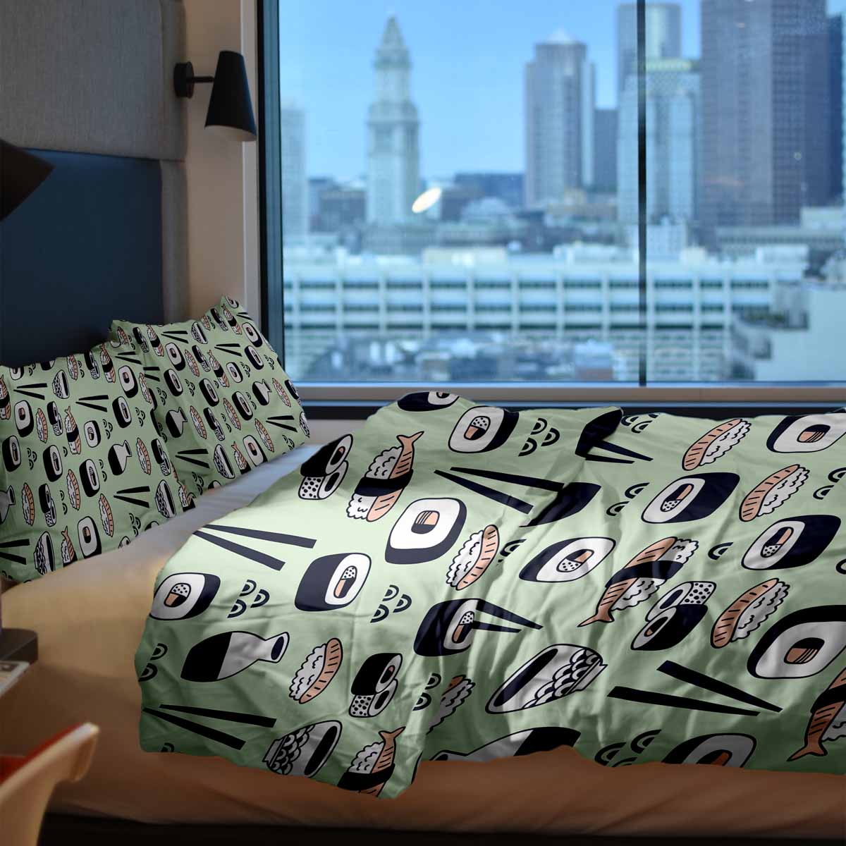 Therapy blankets bedding set light green with sushi
