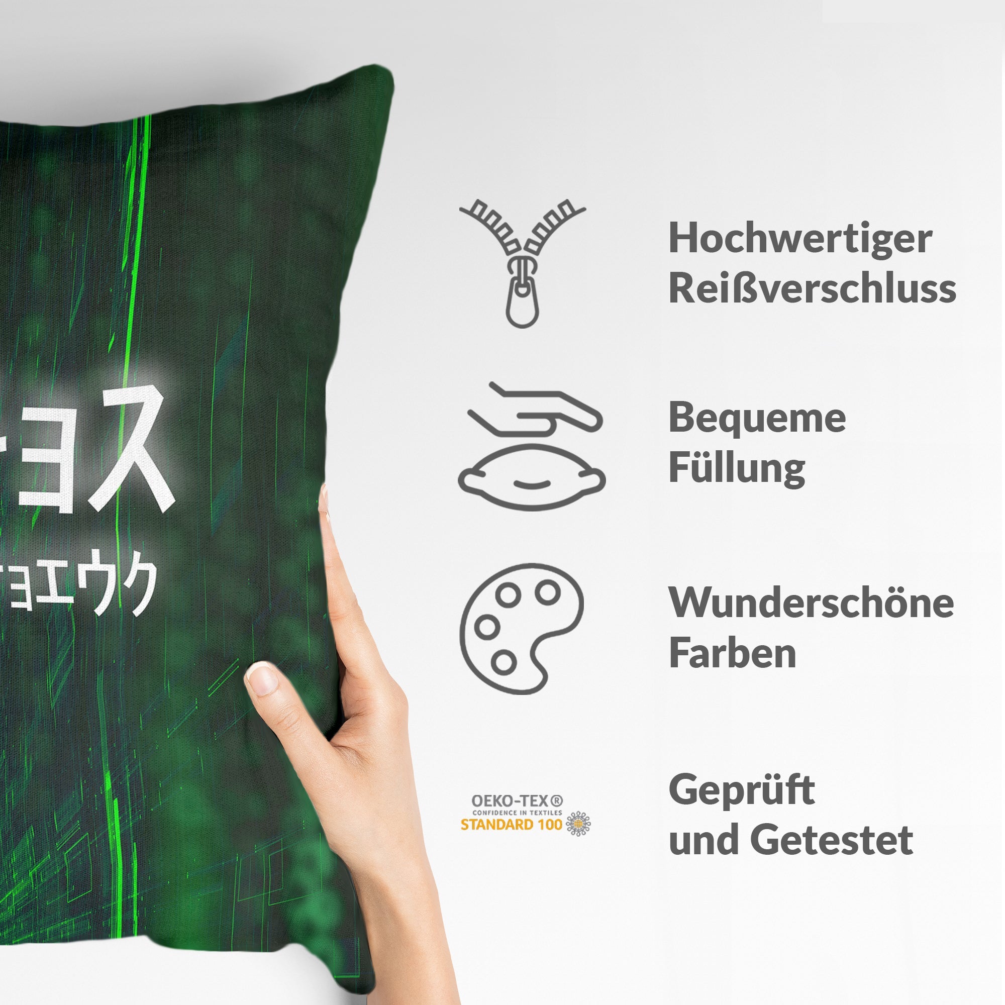 Coussin de santé en vert avec caractères écrits