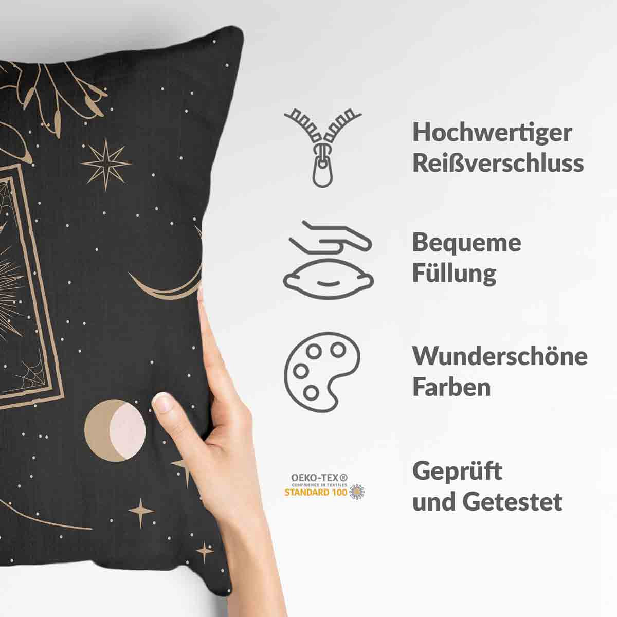 Coussin de santé noir avec soleil, lune et étoiles