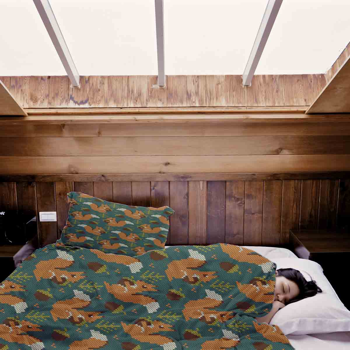 Couverture thérapeutique originale - Housse en coton verte avec écureuil