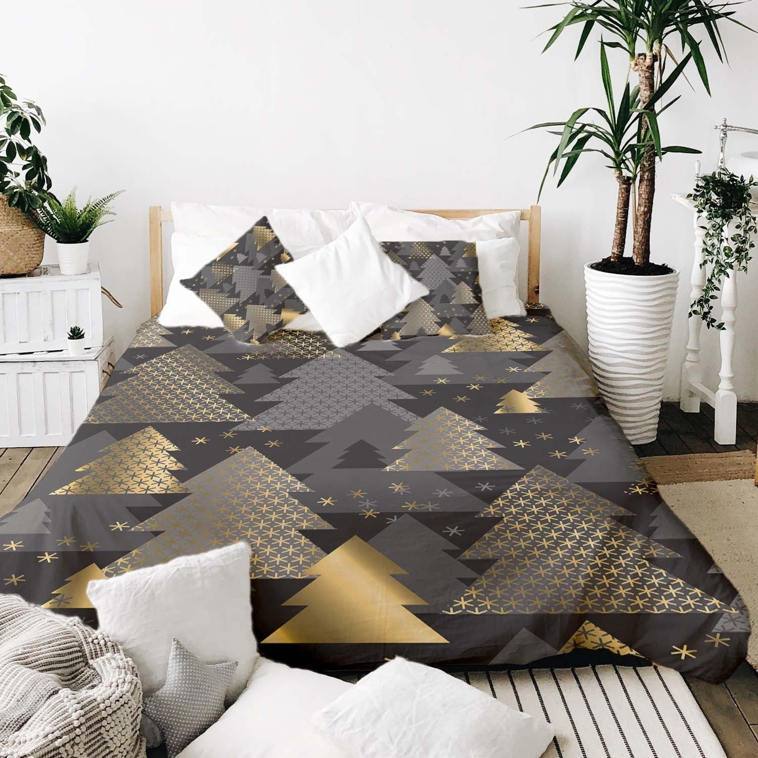 Couverture thérapeutique originale - Housse en coton avec sapins dorés