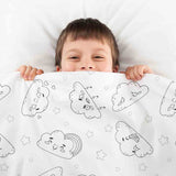Therapy blanket and bedding set, white with funny clouds.