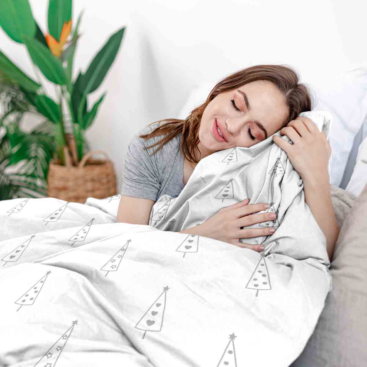 Original therapy blanket - cotton cover white with gray fir trees