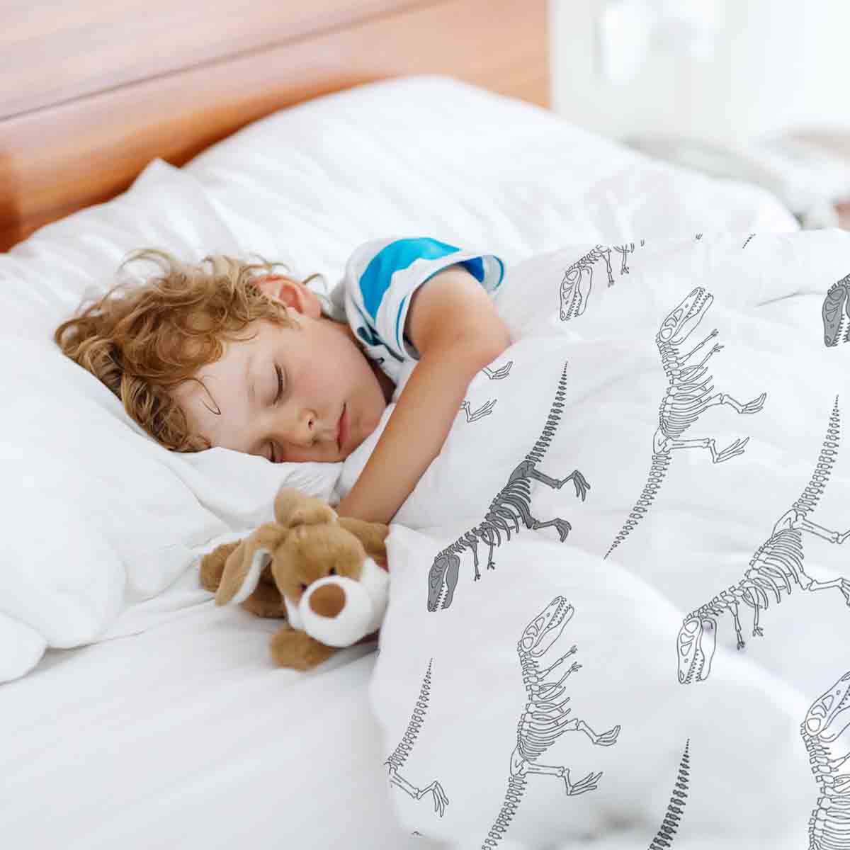 Ensemble de literie avec couverture thérapeutique blanc avec squelette de dinosaure