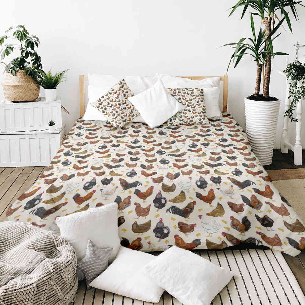 Couverture thérapeutique originale - Housse en coton blanc avec beaucoup de poulets