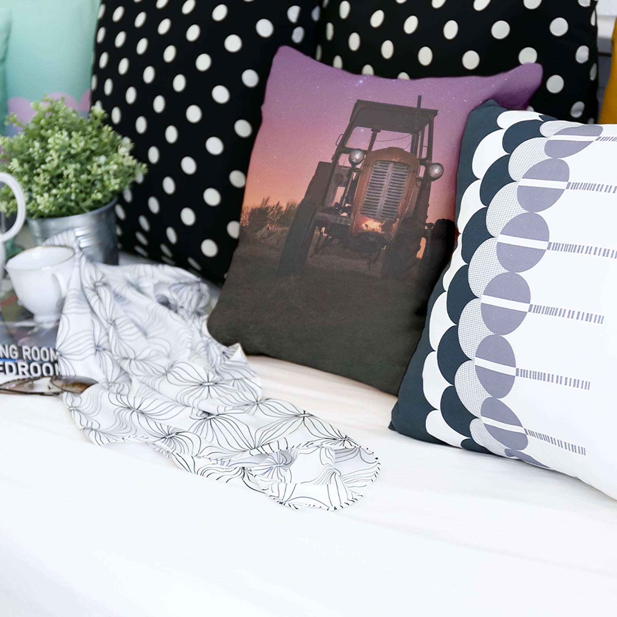 Coussin de santé violet avec tracteur