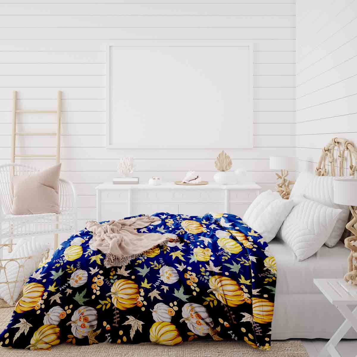 Couverture thérapeutique originale - Housse en coton bleue avec citrouilles