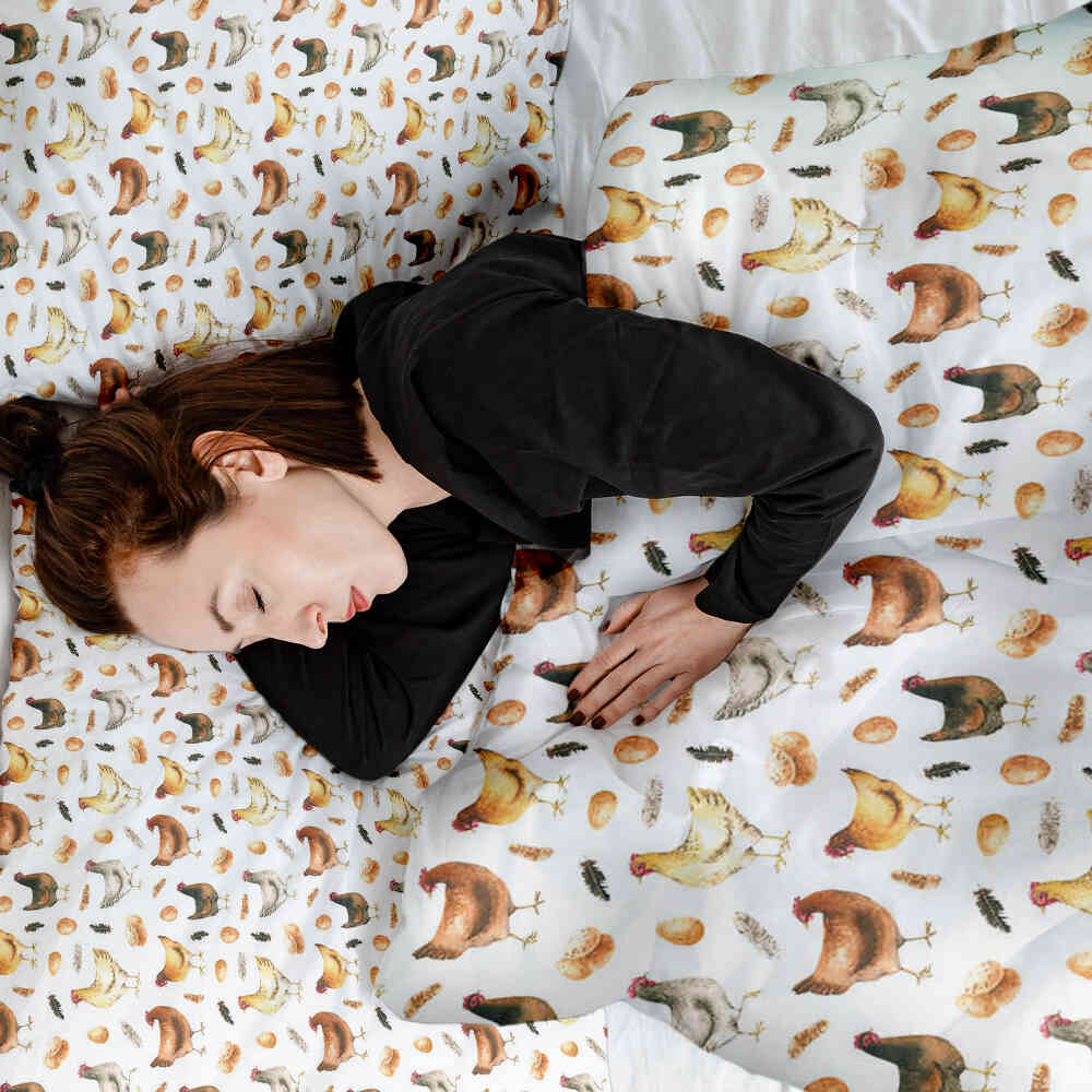 Couverture thérapeutique originale - Housse en coton blanche avec poules