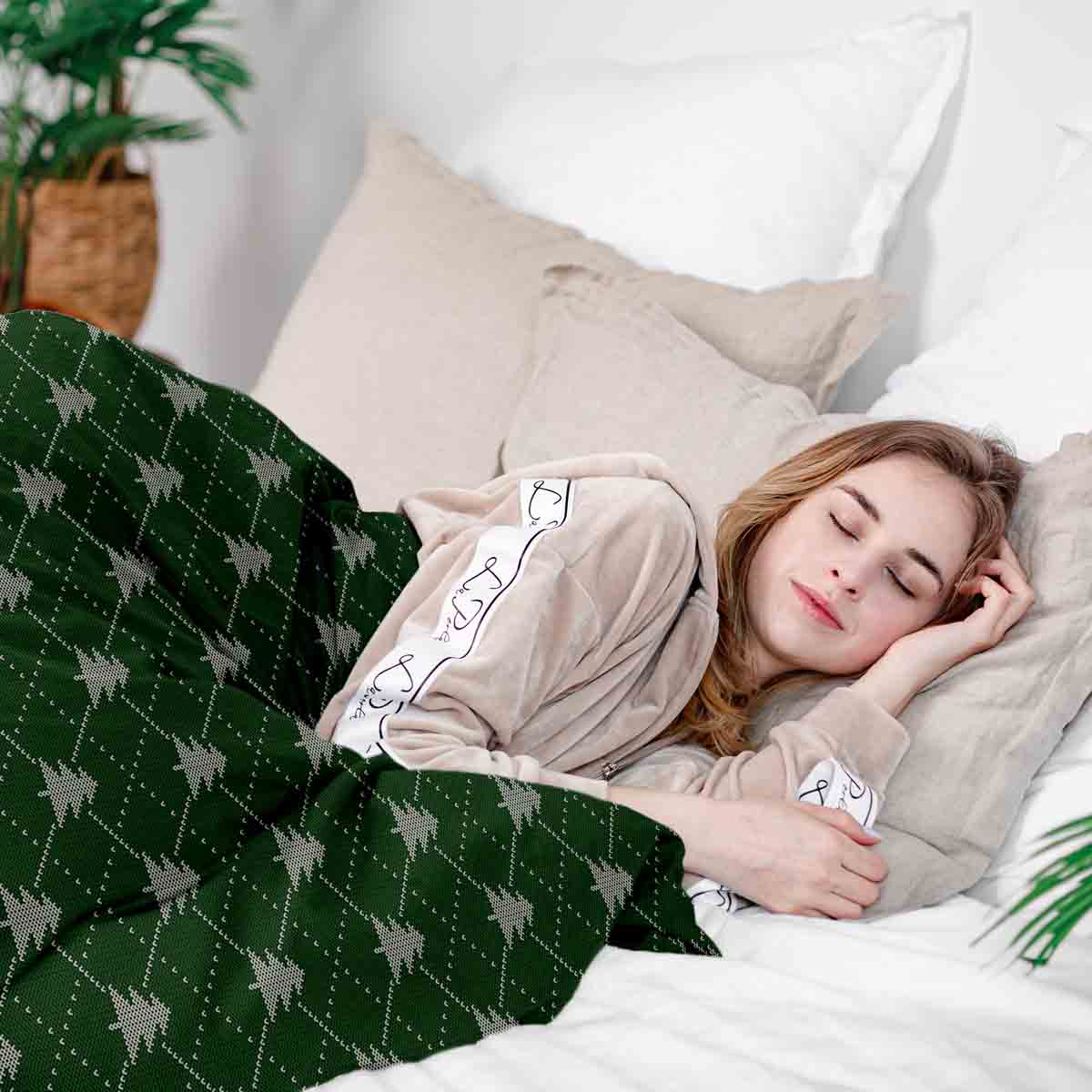 Couverture thérapeutique originale - Housse en coton verte avec des sapins