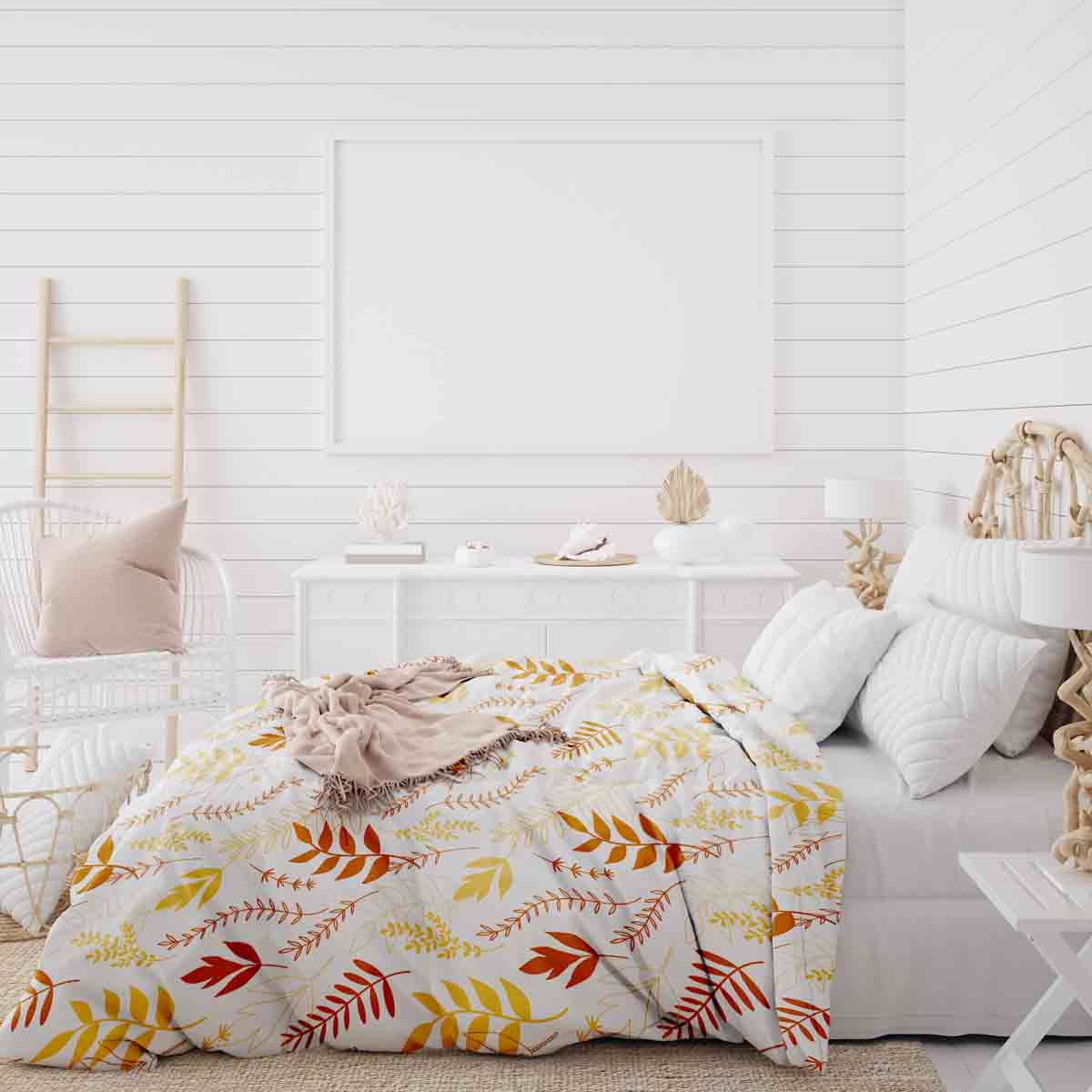 Couverture thérapeutique originale - Housse en coton blanc avec branches automnales