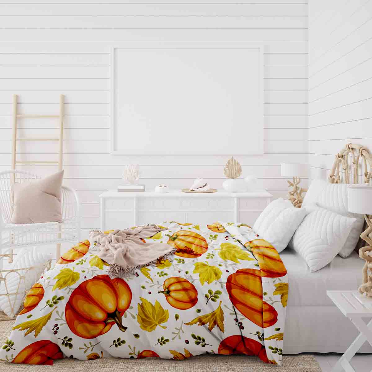 Ensemble de literie avec couvertures thérapeutiques blanc avec de grosses citrouilles