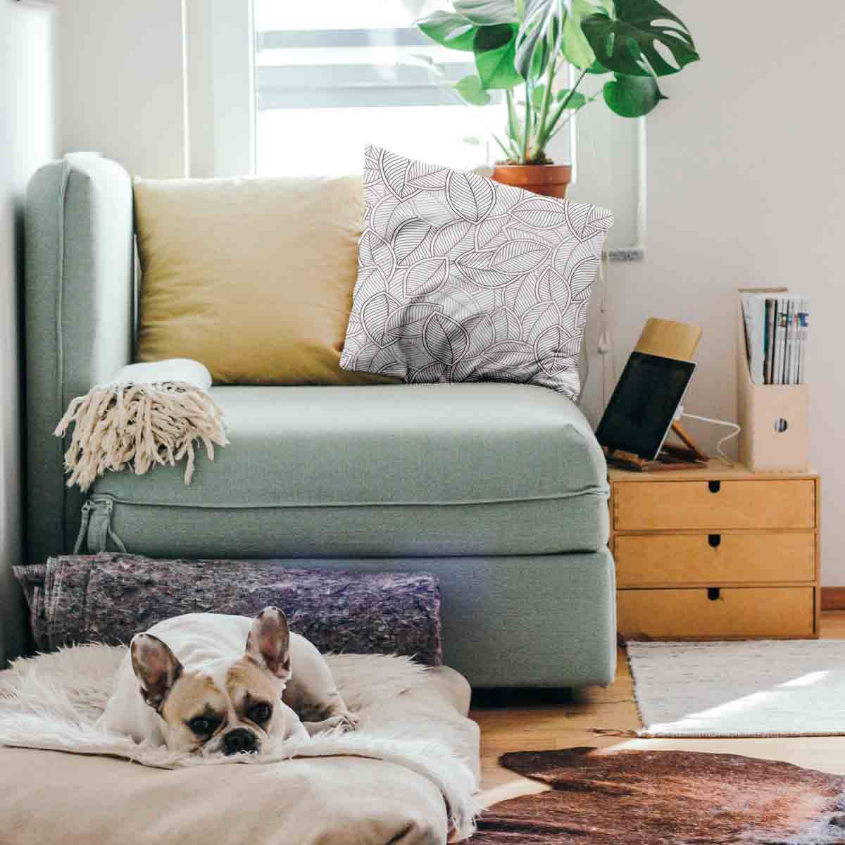 Health pillow with gray palm leaves