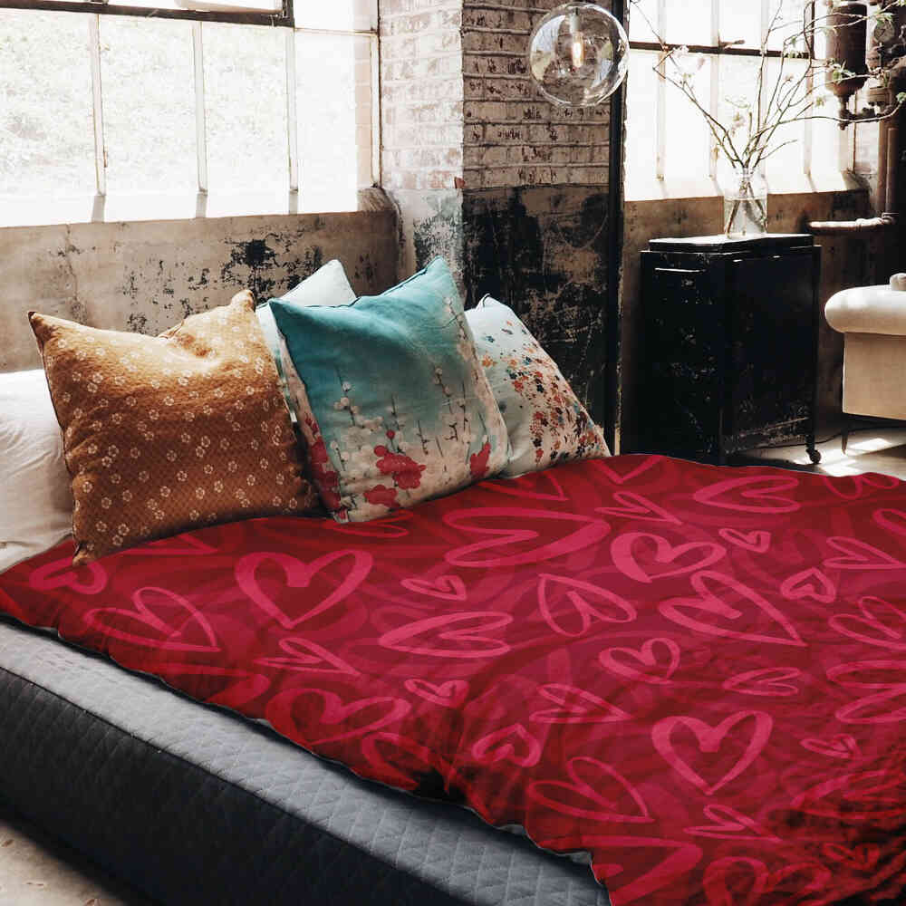 Couverture thérapeutique originale - Housse en coton rouge avec motif cœur rose