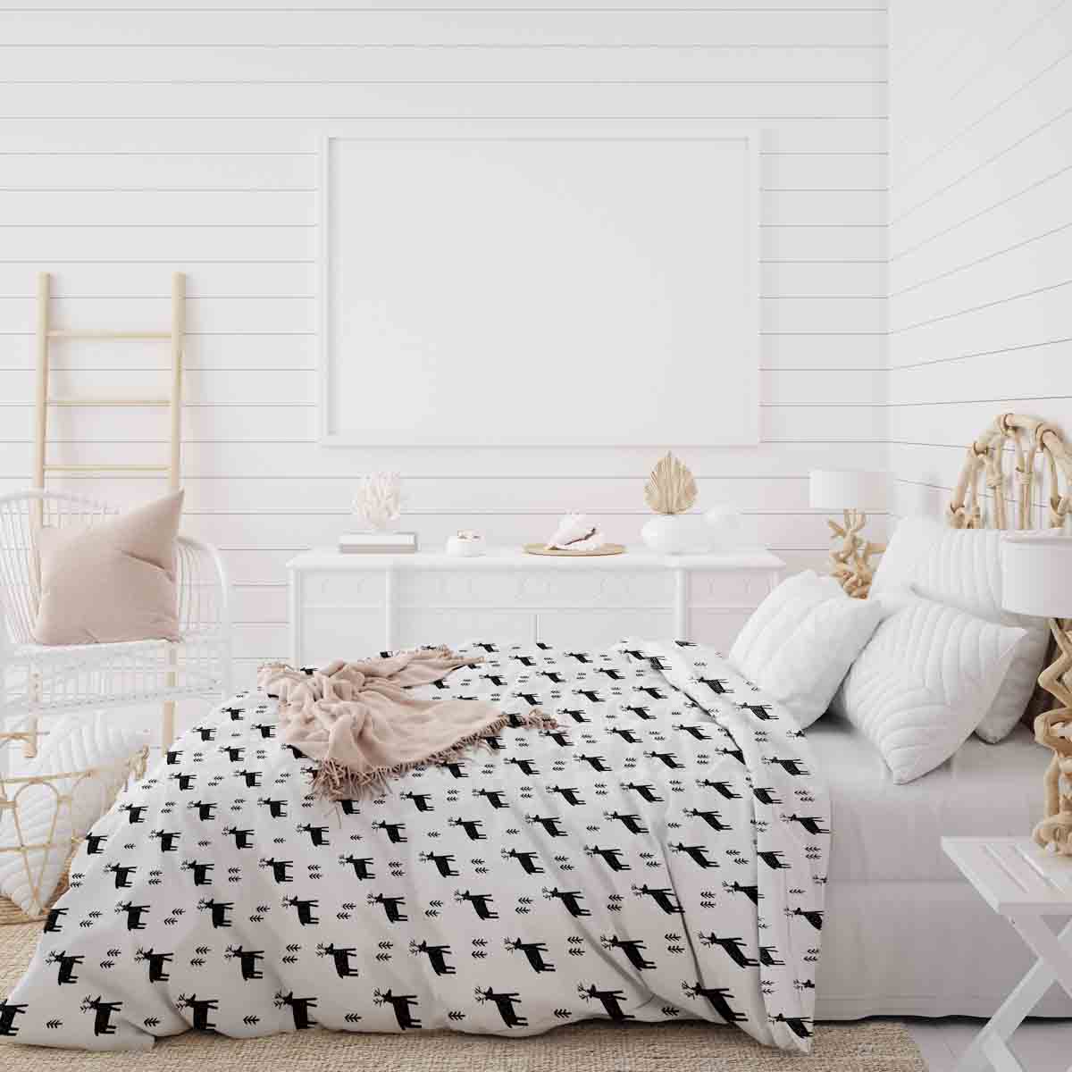 Couverture thérapeutique originale - Housse en coton blanc avec rennes