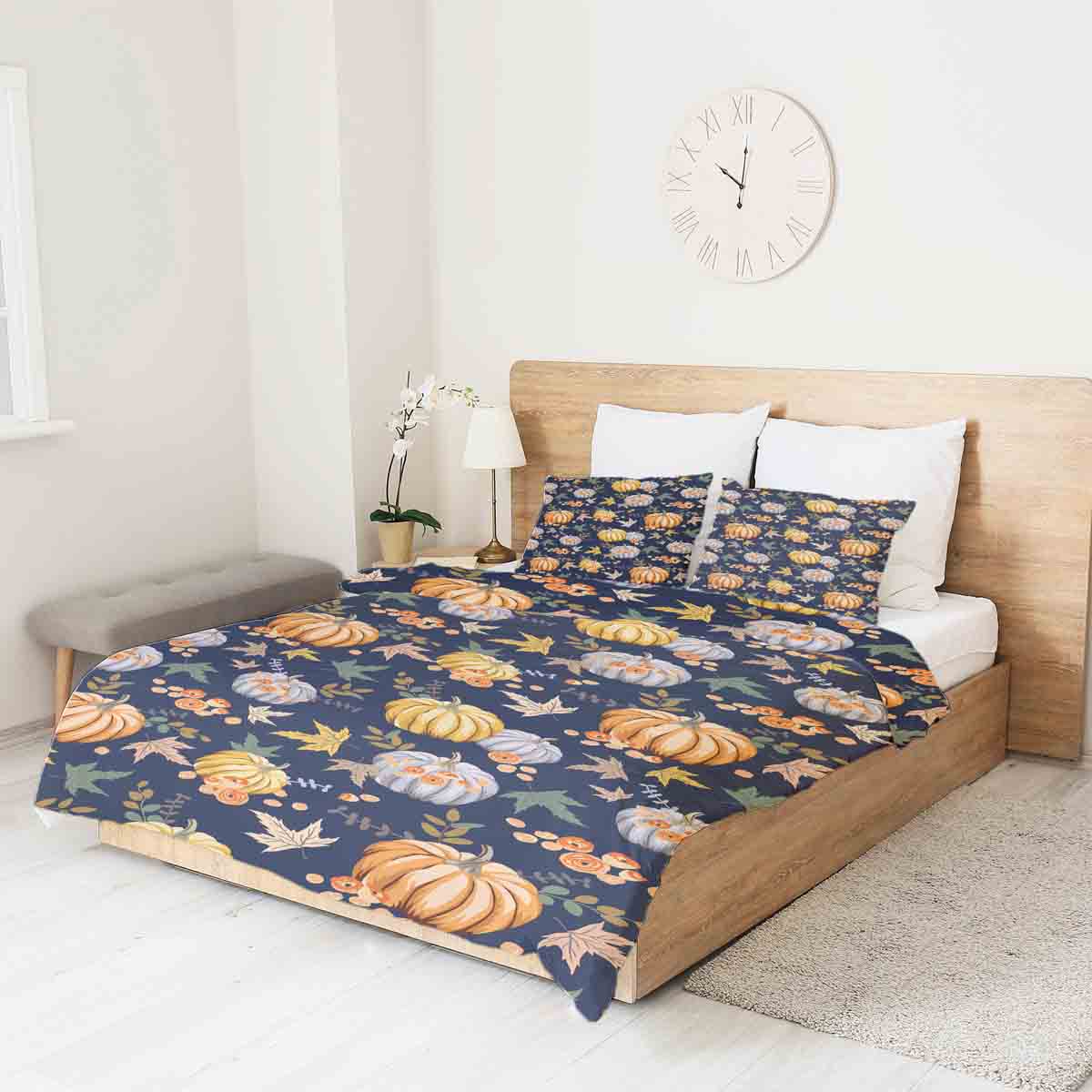 Couverture thérapeutique originale - Housse en coton bleue avec citrouilles