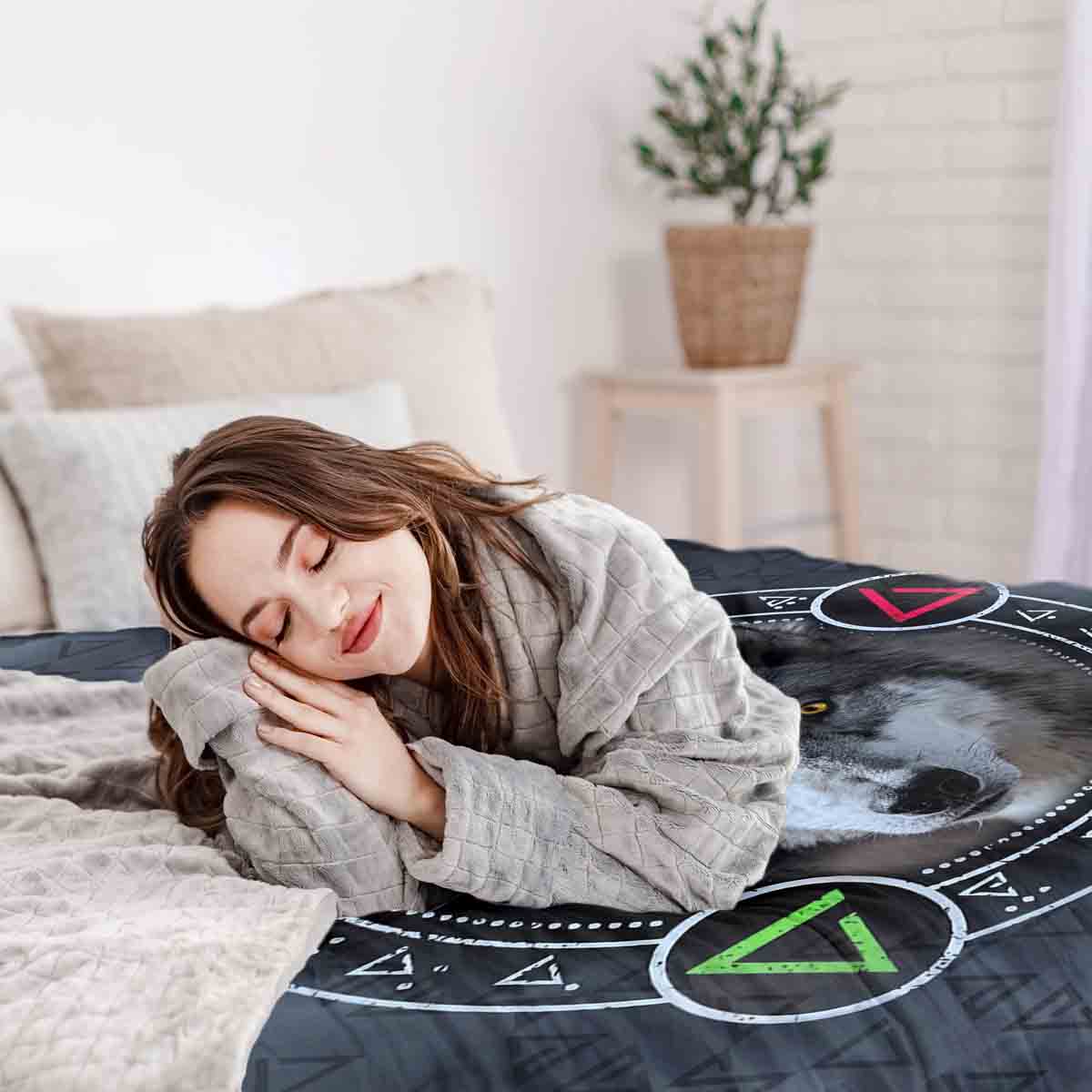 Therapy blankets bedding set gray with wolf