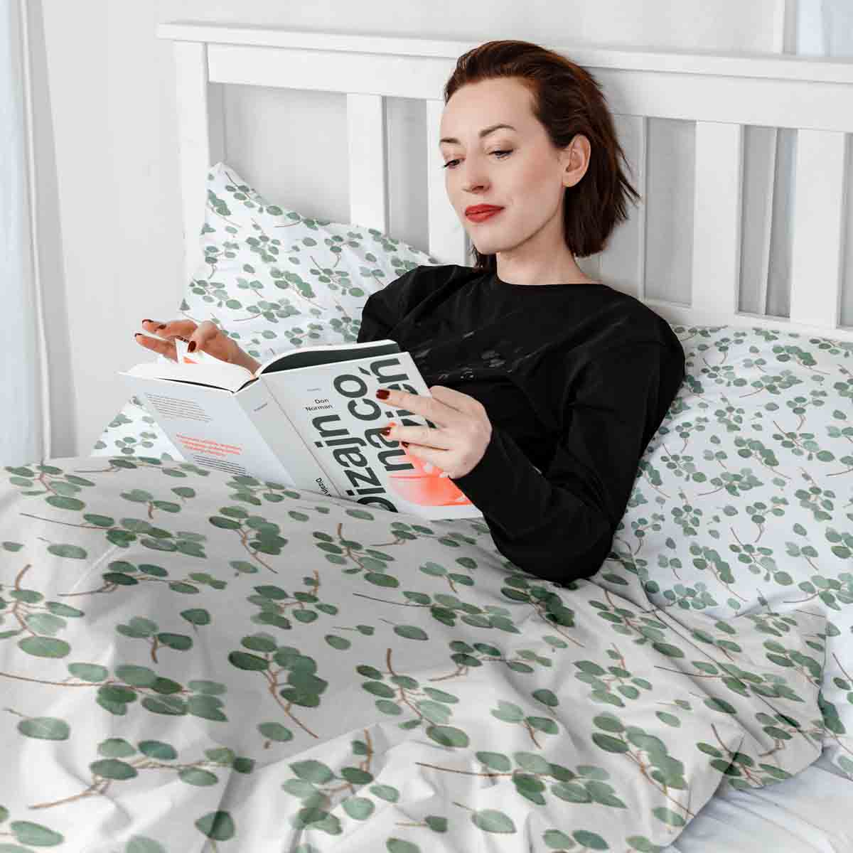 Couverture thérapeutique originale - Housse en coton blanc avec branches d'eucalyptus